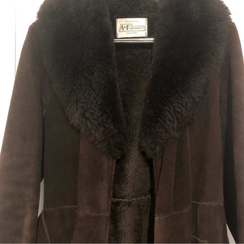 Vintage Almost Famous Shearling Collar Cuffs Suede Maxi Wrap Coat M-Lrg